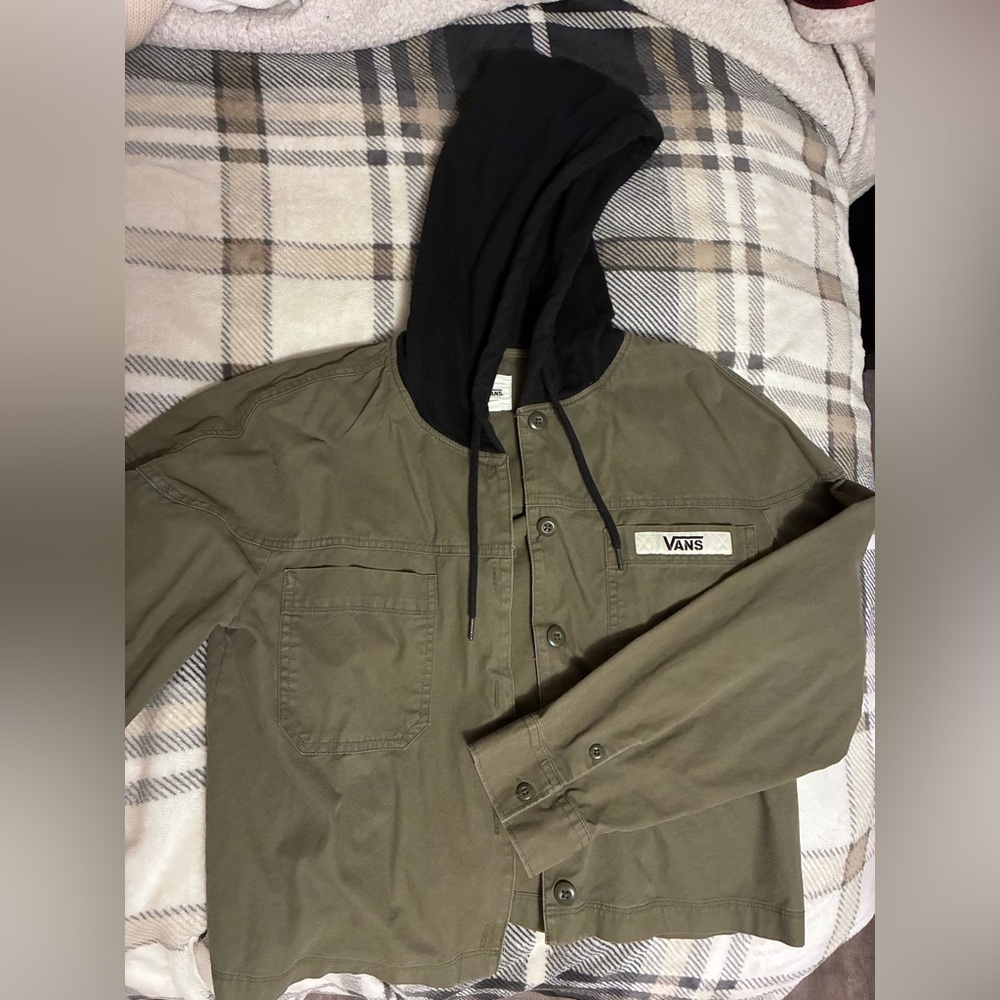 Vans Khaki Army Green Crop Hoodie Button Shirt Jacket